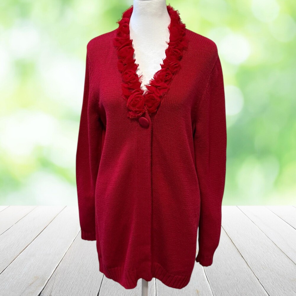Vintage Y2K Embellished Longline Cardigan 3D Rosettes Coquette Sweater Red Sz S